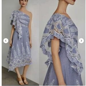BCBGMAXAZRIA  One Shoulder Embroidered Stripe Dress Blue Combo Size 8 NWT
